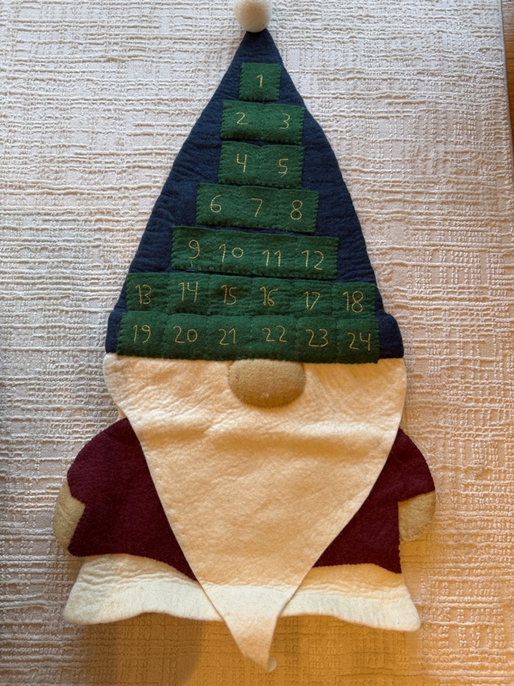 Pottery Barn Navy, Green, Cream, Burgundy Gnome Advent Wool Wall Hanging